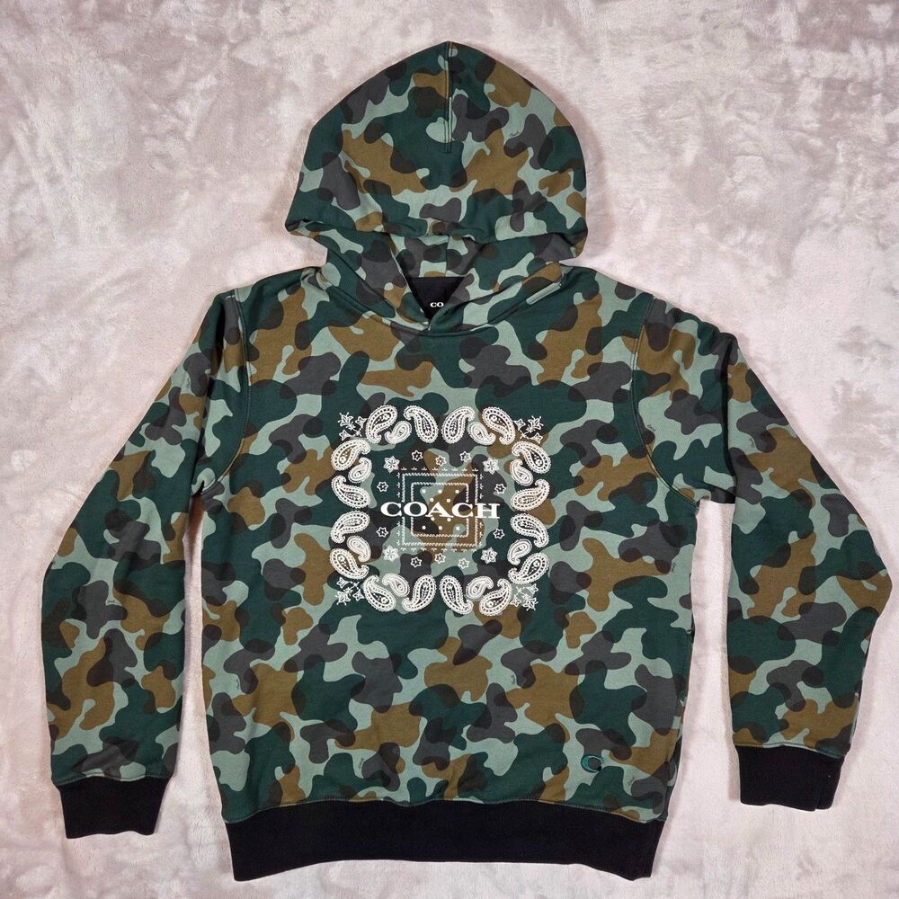 Coach Camo Hoodie Mens M Embroidered Logo Paisley Pullover Sweatshirt